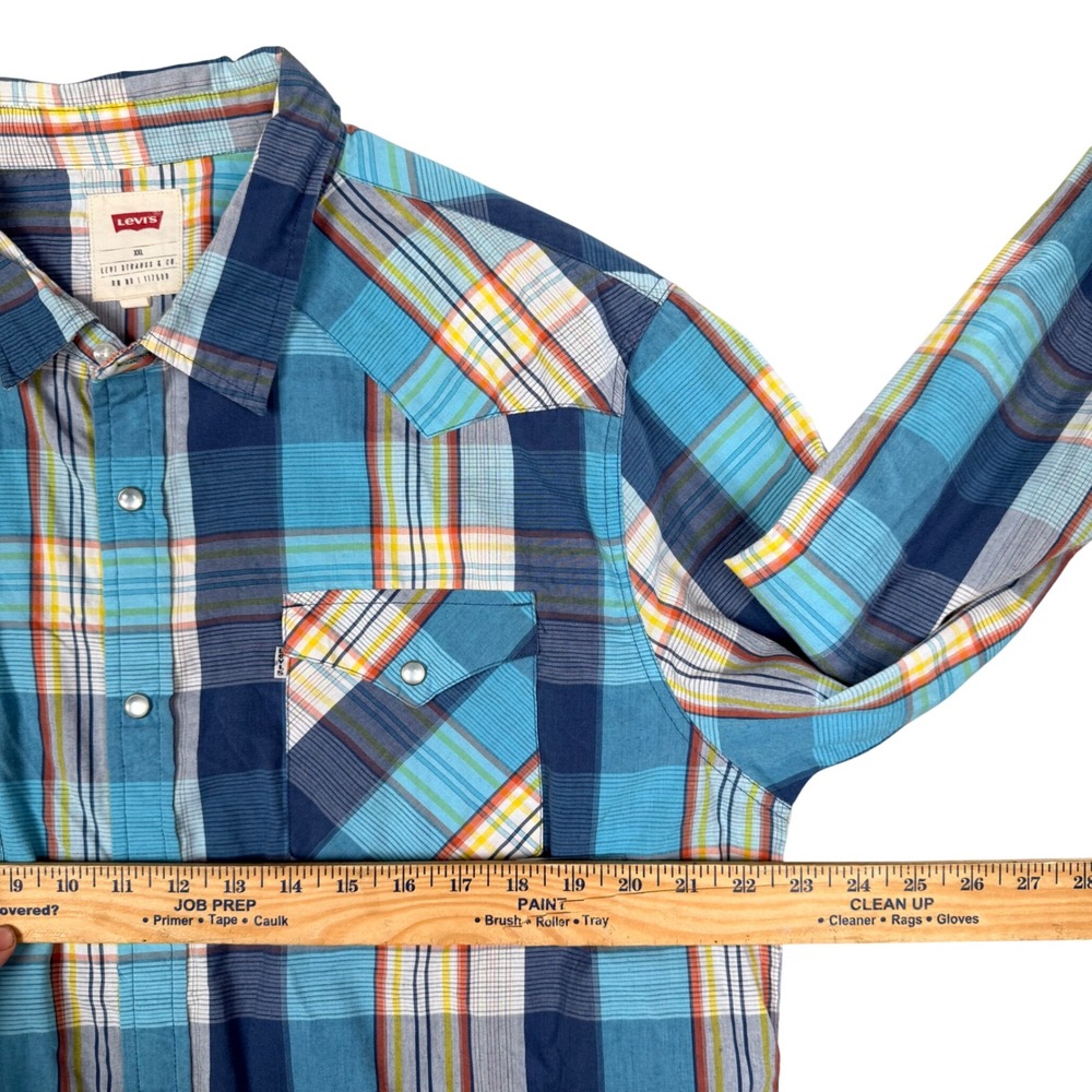 Levis Mens XXL Western Plaid Pearl Snap Button Shirt Blue Orange 2XL 3LYLW3302 - Picture 7 of 7